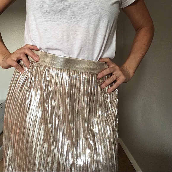 Metallic Champagne Gold Pleated Skirt - Picture 3 of 5
